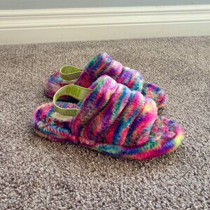 UGG Fluff Yeah Pixelate Slide Slipper Tie Dye Rainbow Slingback Womens Size 5 US